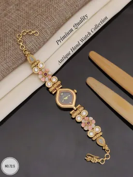 Quality- Gold Plated Black Dial Antique Floral Hand Watch