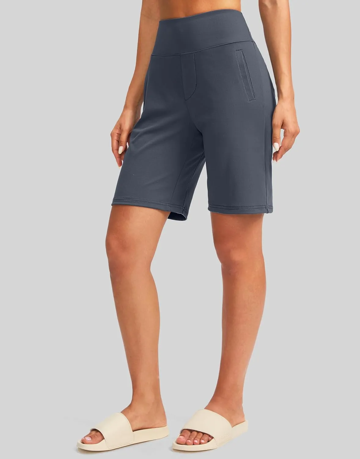 SANTINY Women's 9" High Waisted Bermuda Shorts with 4 Pockets Knee Length Long Shorts for Women Workout Athletic Casual