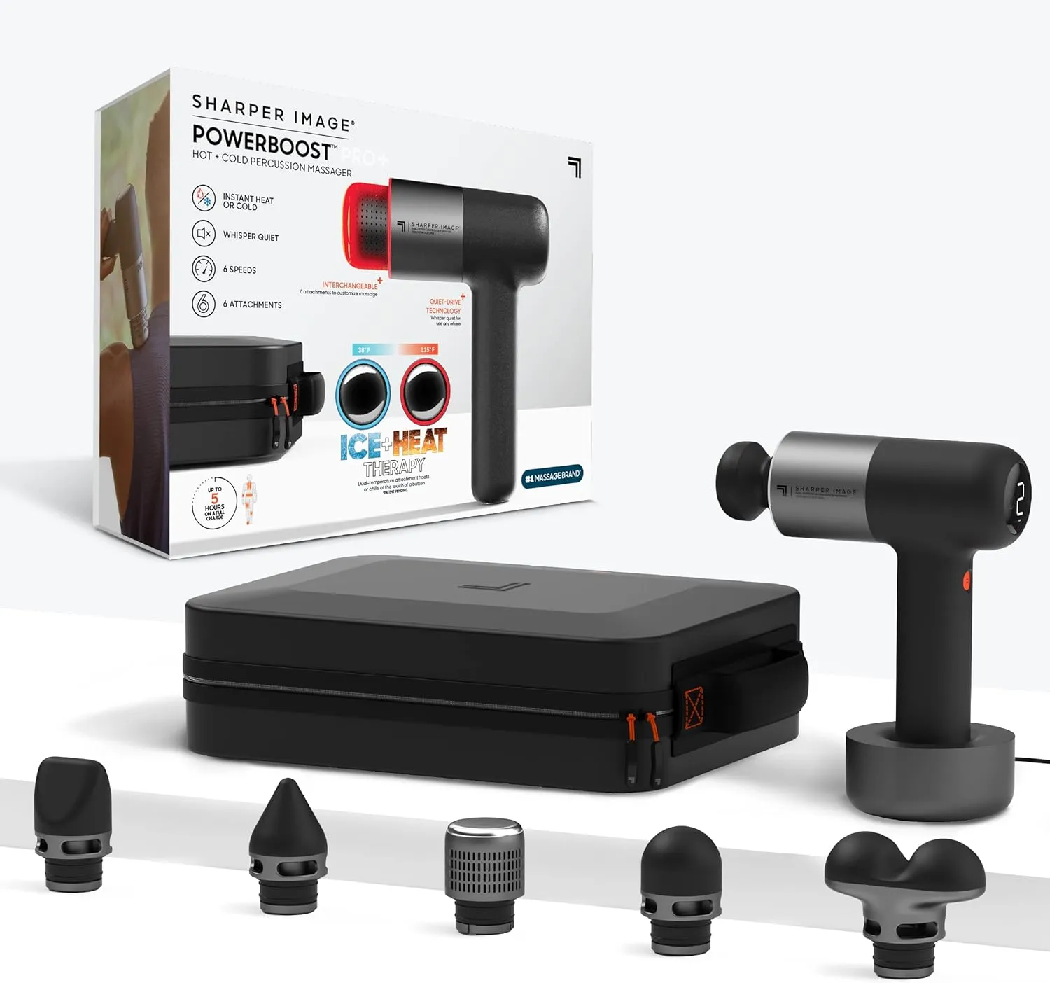 Sharper Image Powerboost Pro  Hot & Cold Deep Tissue Massage Gun - 6 Speeds, 6 Attachments, 5-Hour Battery, Travel Case, Charging Base, Shoulder & Back Massager, Pain Relief Tool, FSA Eligible