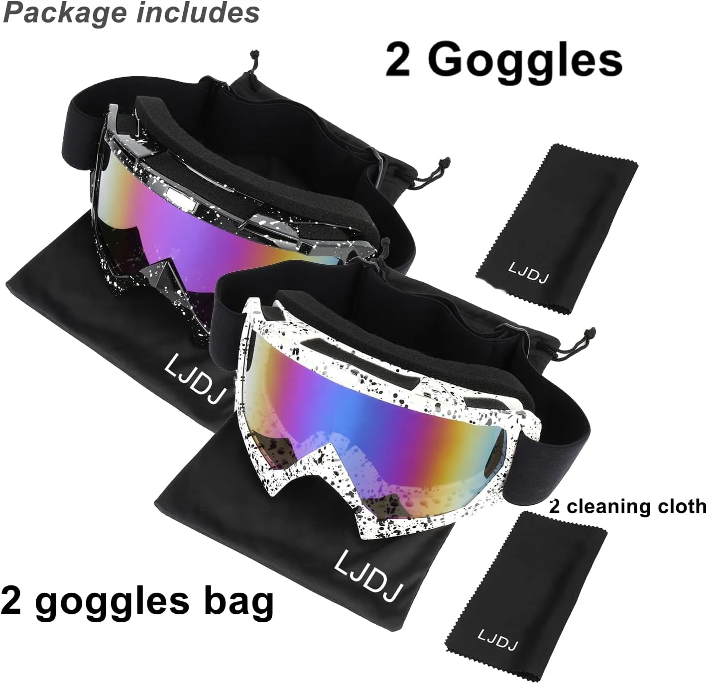 Ski Goggles-2 Pack Over Glasses Snow Snowboard Goggles- Anti-fog Anti-UV Protection Wide View for Men Women Adult