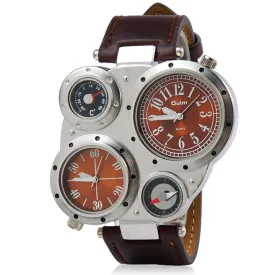 Top Brand Oulm Multi-Function Watch for Men with White or Black or Brown Round Dual Movt Black Case Genuine Leather