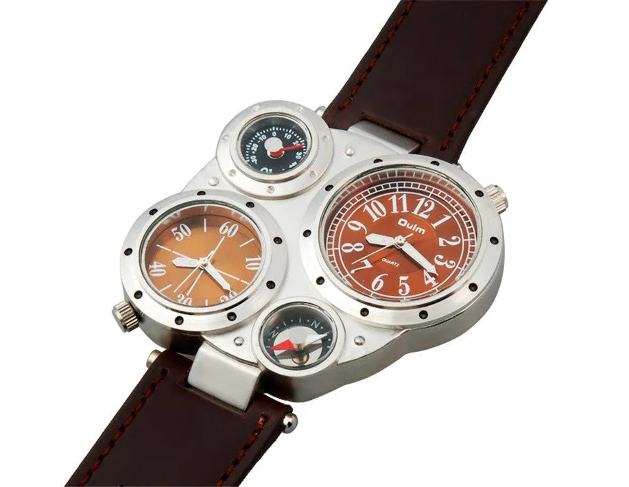 Top Brand Oulm Multi-Function Watch for Men with White or Black or Brown Round Dual Movt Black Case Genuine Leather