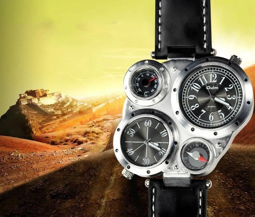 Top Brand Oulm Multi-Function Watch for Men with White or Black or Brown Round Dual Movt Black Case Genuine Leather