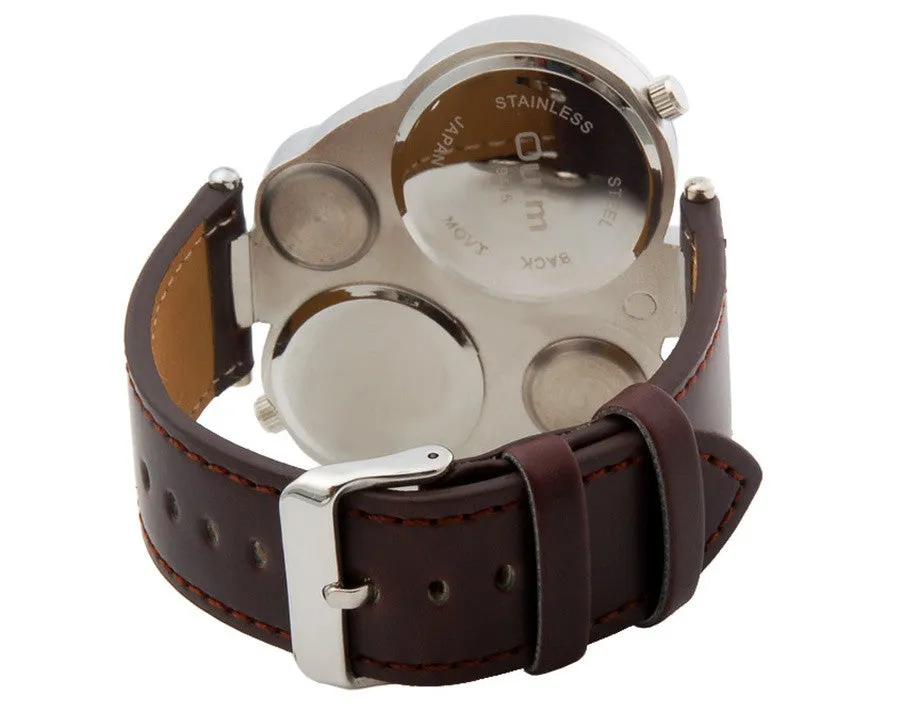 Top Brand Oulm Multi-Function Watch for Men with White or Black or Brown Round Dual Movt Black Case Genuine Leather