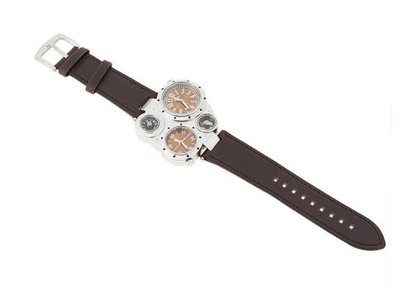 Top Brand Oulm Multi-Function Watch for Men with White or Black or Brown Round Dual Movt Black Case Genuine Leather