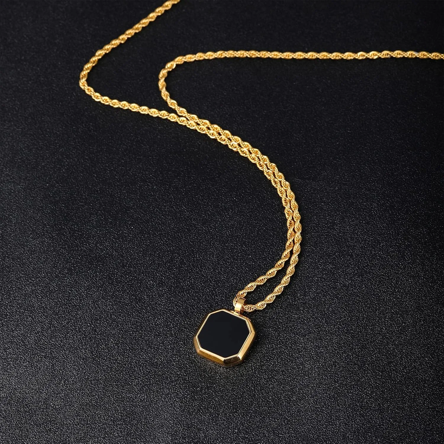 TRUMIUM Black Onyx Pendant Necklace for Mens Womens 14k Gold Plated Stainless Steel Necklace Square Rectangle Pendant Rope Chain 22inch