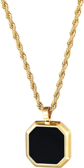 TRUMIUM Black Onyx Pendant Necklace for Mens Womens 14k Gold Plated Stainless Steel Necklace Square Rectangle Pendant Rope Chain 22inch