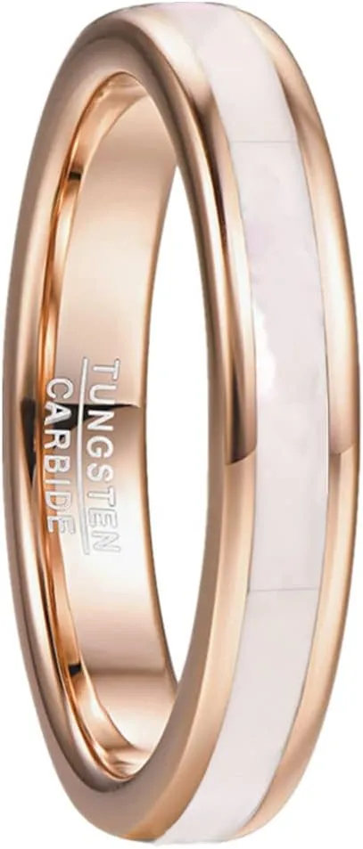 Vakki 4mm Womens Rose Gold Tungsten Carbide Ring with Mother of Pearl Shell/Marble Inlaid Wedding Band Comfort Fit Size 5-12