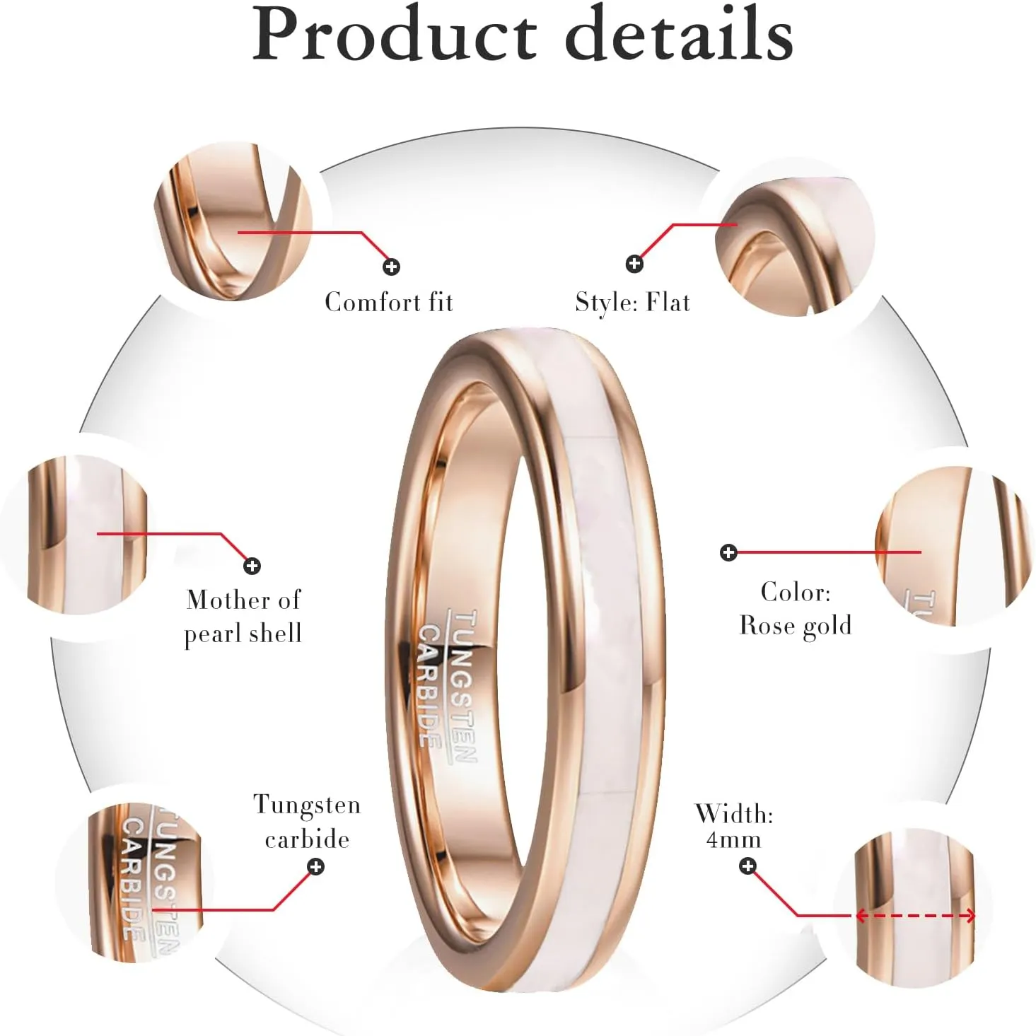 Vakki 4mm Womens Rose Gold Tungsten Carbide Ring with Mother of Pearl Shell/Marble Inlaid Wedding Band Comfort Fit Size 5-12