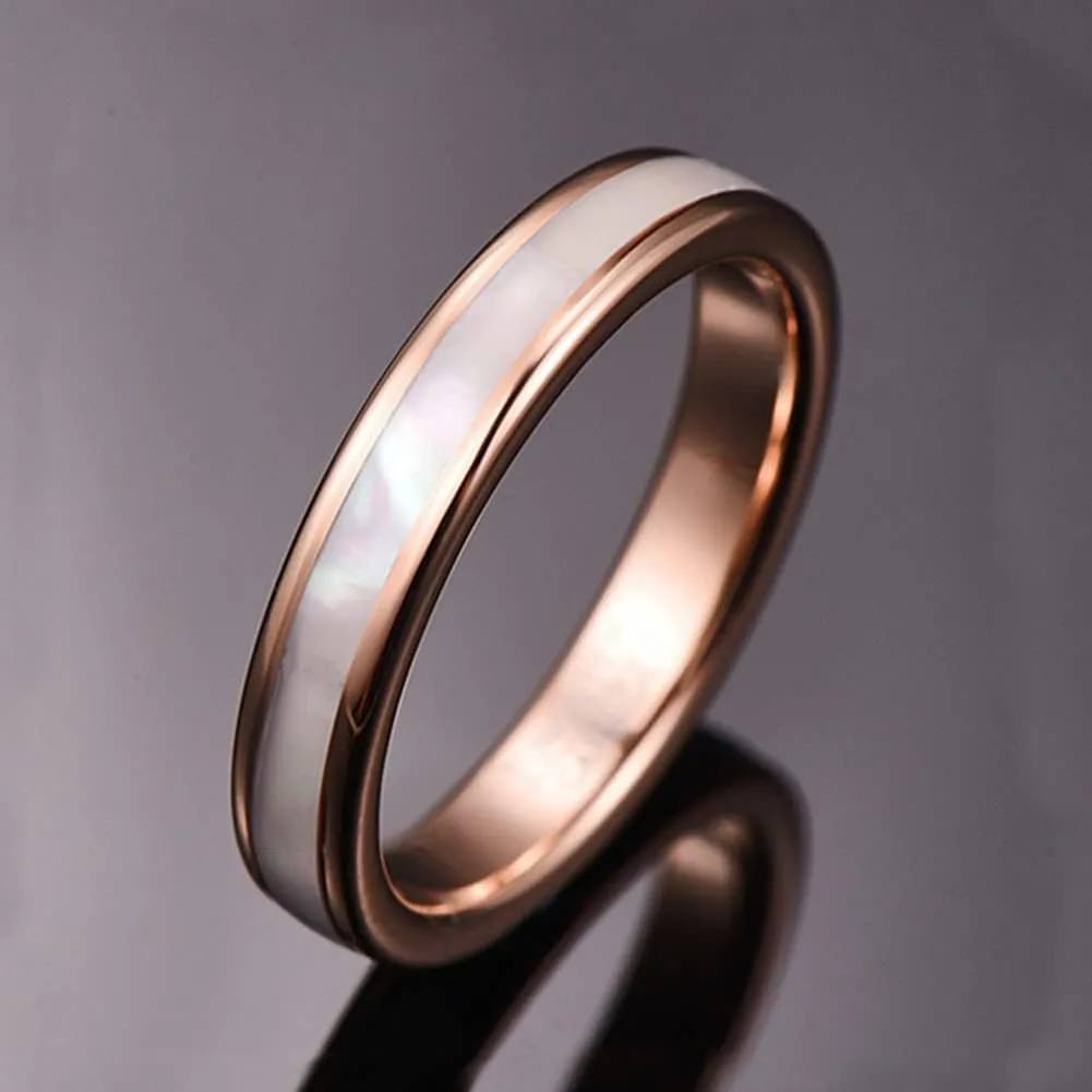 Vakki 4mm Womens Rose Gold Tungsten Carbide Ring with Mother of Pearl Shell/Marble Inlaid Wedding Band Comfort Fit Size 5-12