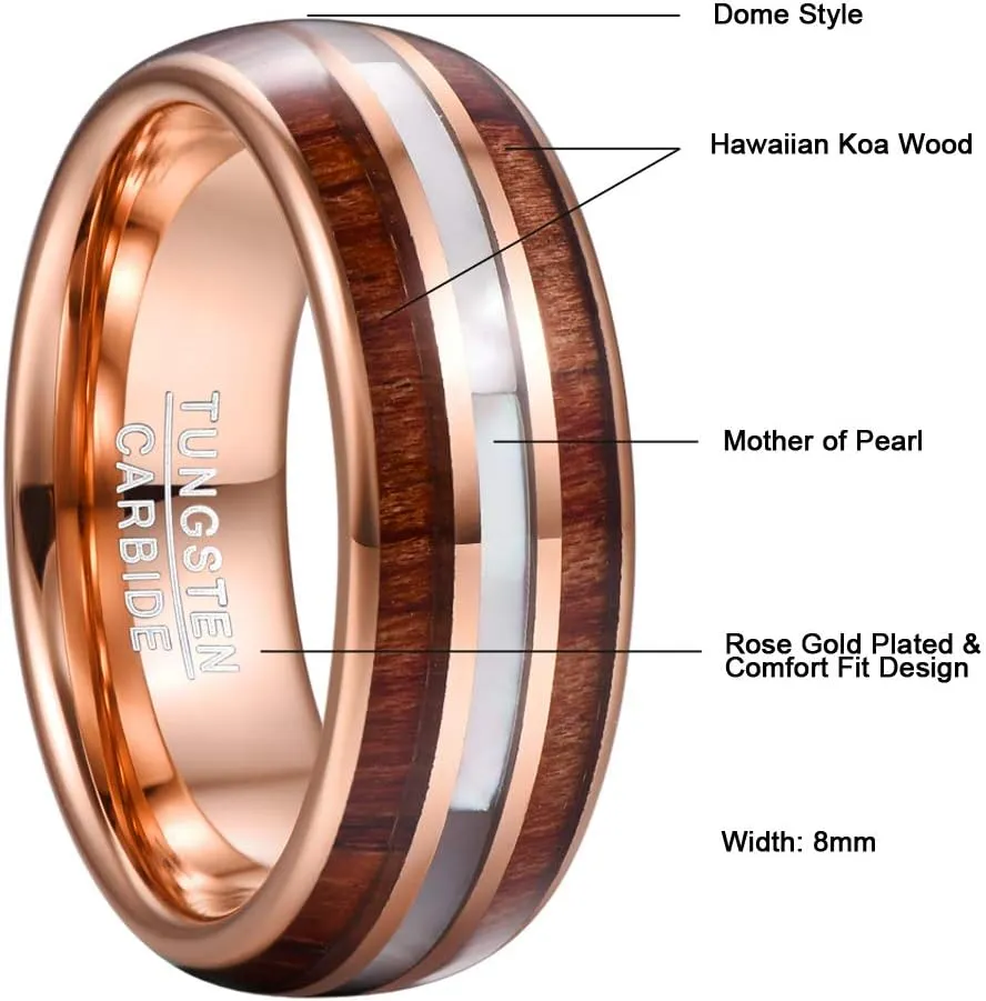 Vakki 8mm Koa Wood Tungsten Ring for Men Mother of Pearl Shell/Imitated Meteorite/Abalone Shell/Deer Antler Inlay Wedding Band Comfor Fit Size 7-12