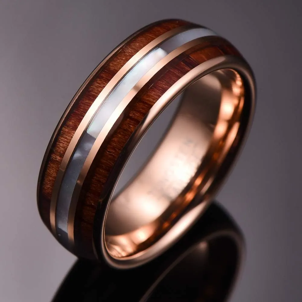 Vakki 8mm Koa Wood Tungsten Ring for Men Mother of Pearl Shell/Imitated Meteorite/Abalone Shell/Deer Antler Inlay Wedding Band Comfor Fit Size 7-12