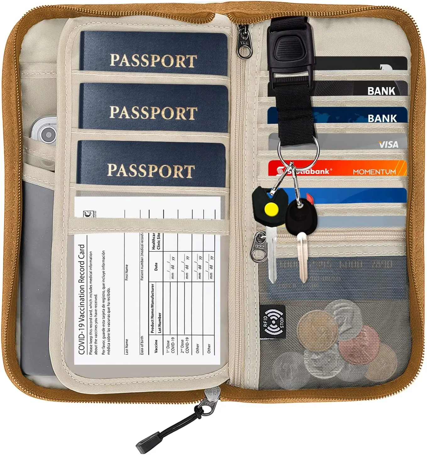 ZOPPEN Passport Holder Family RFID Passport Wallet, Passport Holder Women/Men, Travel Wallet Documents Organizer Zipper Case with Removable Wristlet Strap, Travel Essentials for Flying